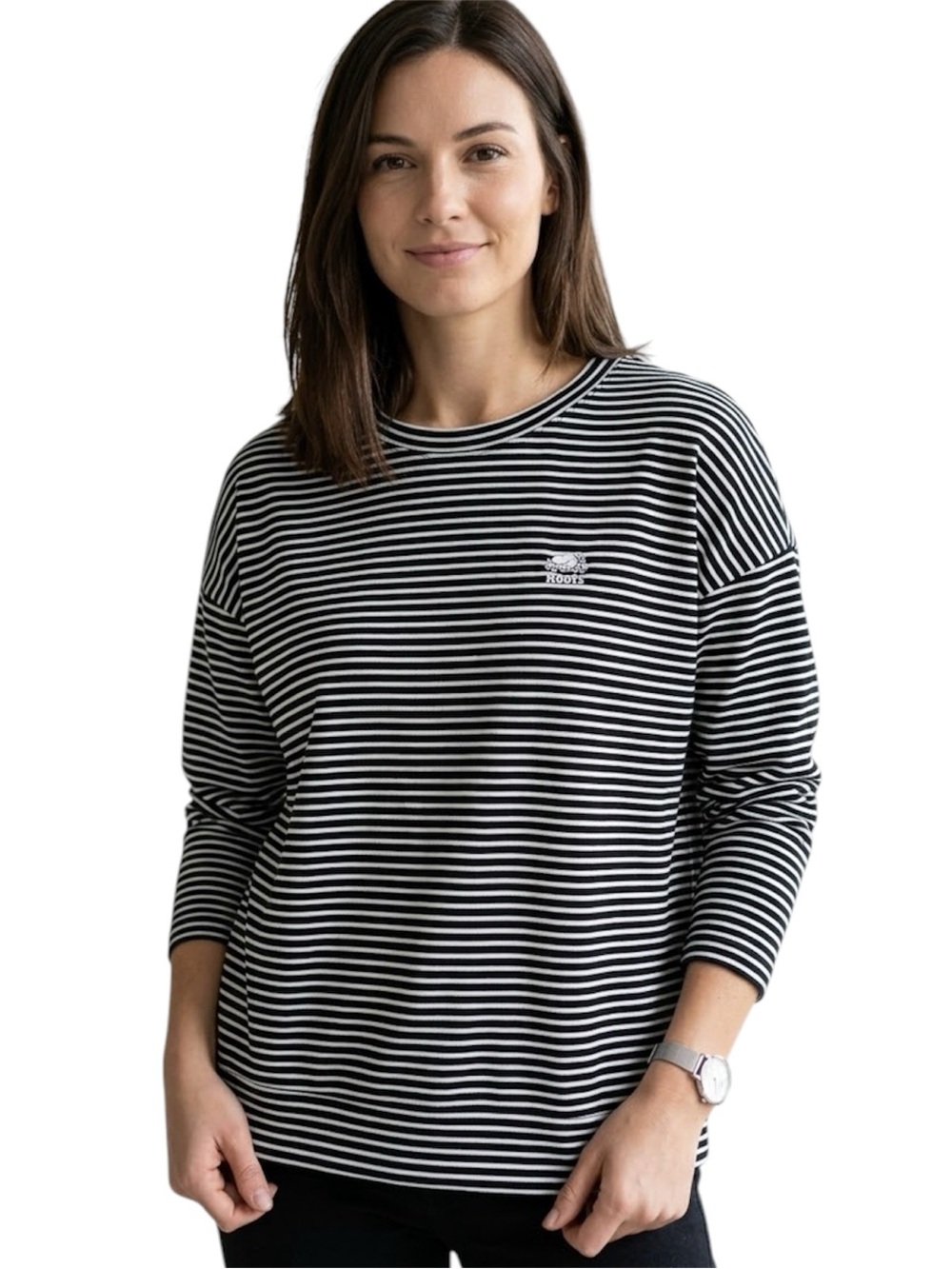 Roots Monochrome Stripe Drop Shoulder Crew Neck Oversized Top Size Xsmall